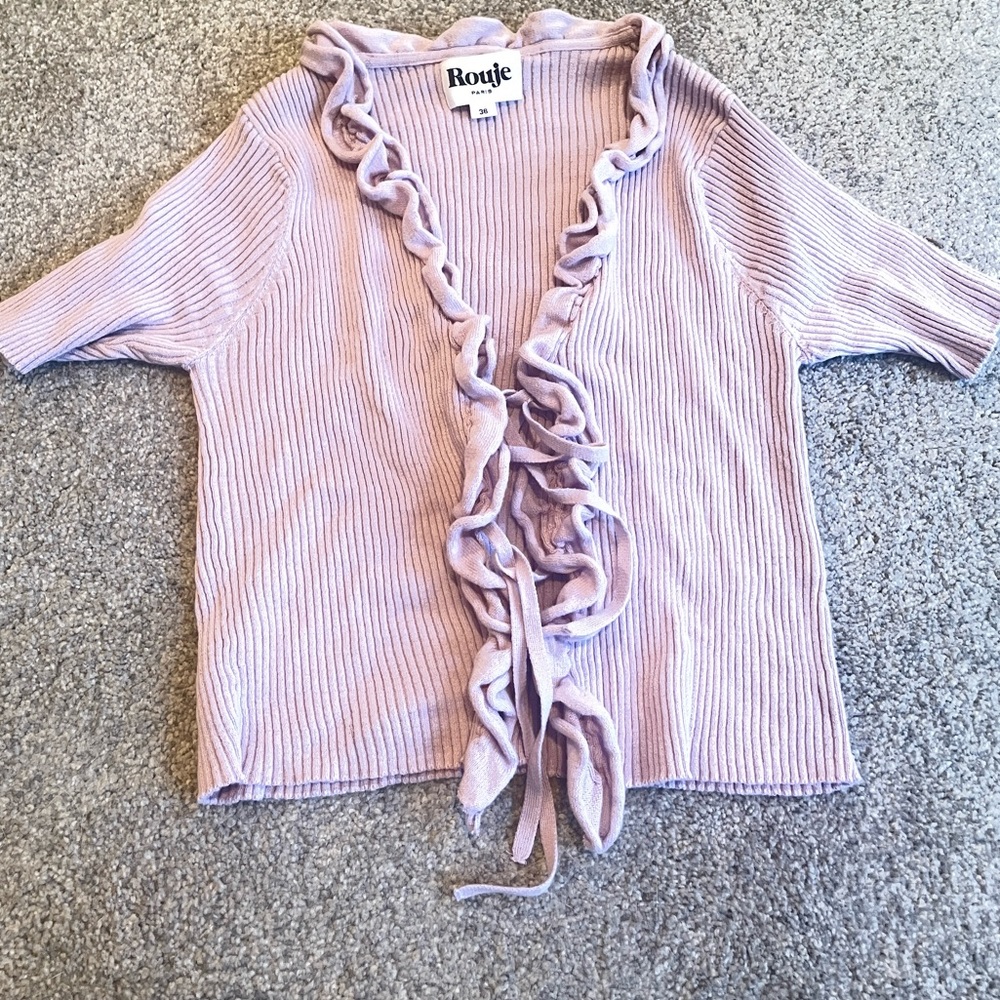 Rouje Lilac Ruffle-Trim Ribbed Knit Top